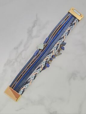 Boho Blue Multi Strand Magnetic Wrap Bracelet with Heart Charm